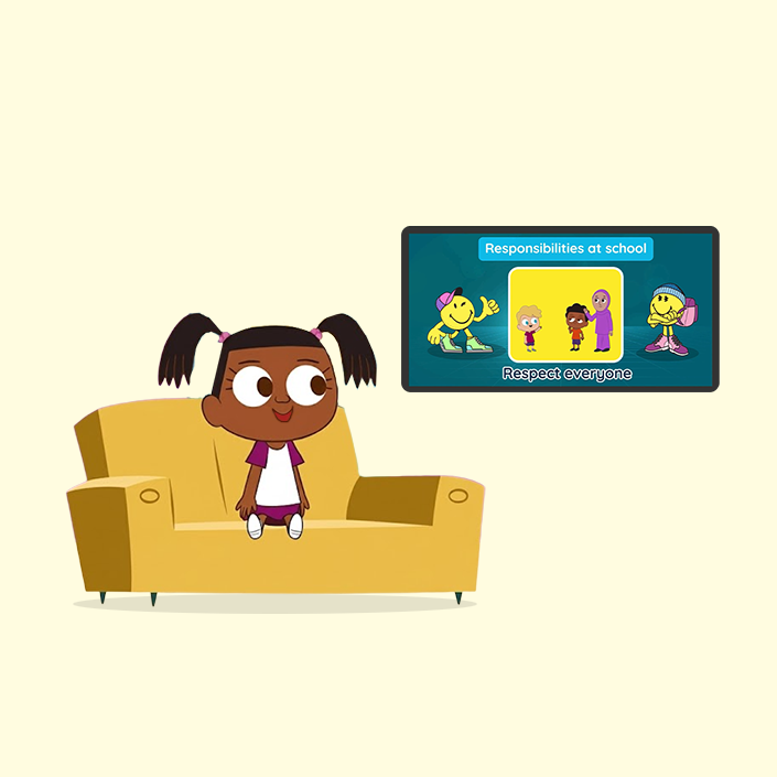 Illustration showing how it turns screen time into skill time, featuring a child holding a device below learning icons for settings, ABC blocks, and math.